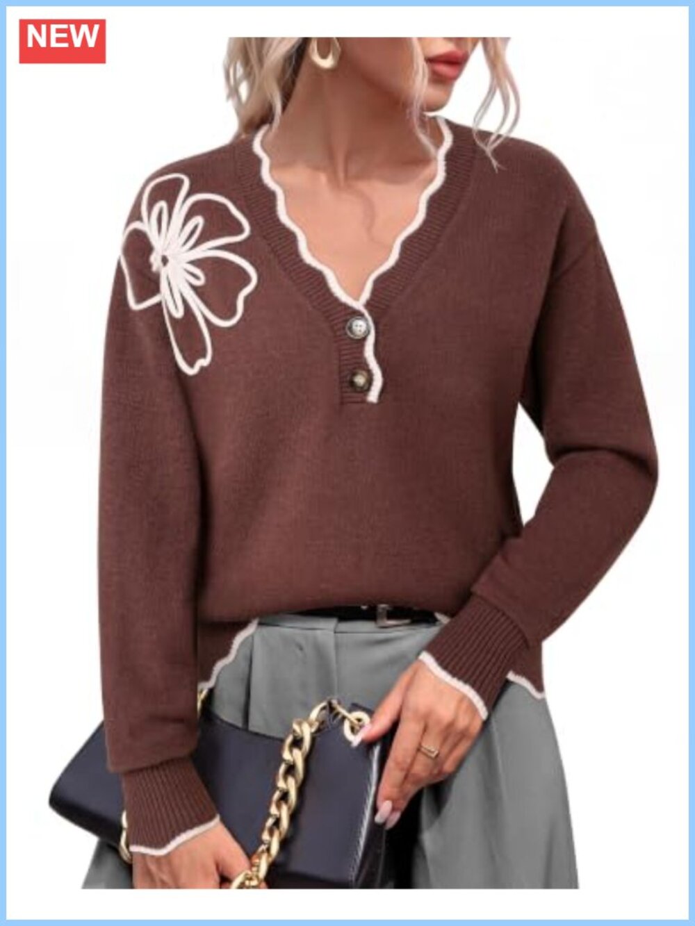 Knit Pullover Sweater Scalloped 3D Floral Ribbed Button Front Casual